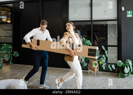 Business colleagues helping each other carrying package at office Stock Photo