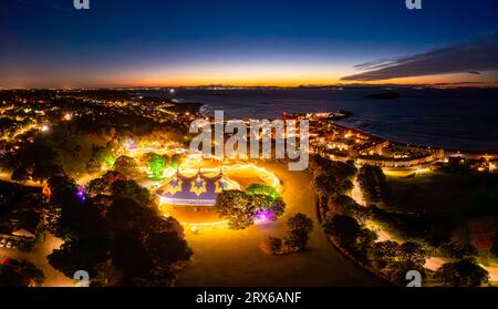 UK, Scotland, North Berwick, Aerial view of Fringe by Sea festival in Lodge Grounds park at sunset Stock Photo