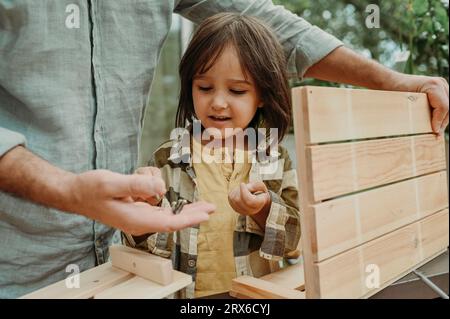 Father giving screws to son and holding wooden plank in back yard Stock Photo