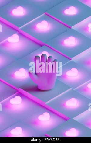 3D render of hand surrounded by pink glowing hearts Stock Photo