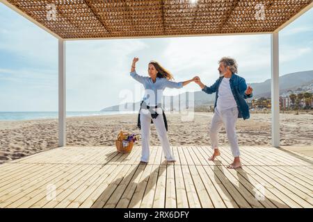 Happy senior couple dating at the beach Stock Photo