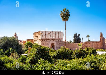 Morocco, Marrakesh-Safi, Marrakesh, Green trees outside El Badi Palace Stock Photo