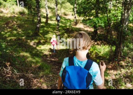 Boy hiking with sister and father in forest Stock Photo