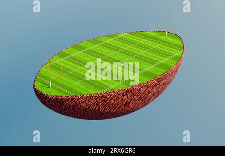 An american football ball split in half revealing a marked green grass football pitch with goals in the daylight - 3D render Stock Photo