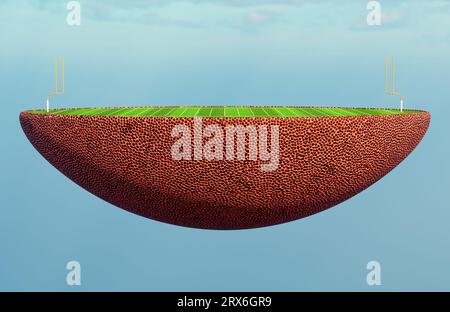 An american football ball split in half revealing a marked green grass football pitch with goals in the daylight - 3D render Stock Photo