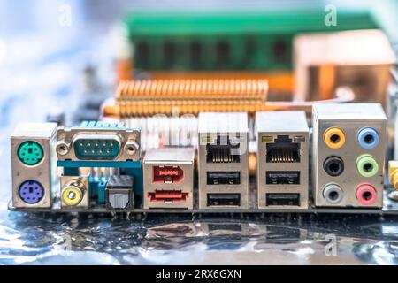 Close-up of various ports on computer mother board Stock Photo