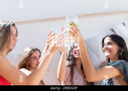 Smiling friends raising toast in front of wall Stock Photo