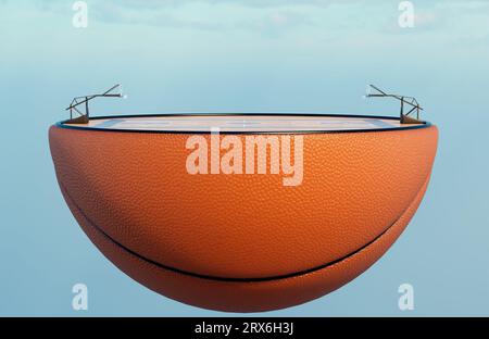 Half Basketball Rendering A basketball ball split in half revealing a marked wooden court with ...