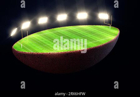 An american football ball split in half revealing a marked green grass football pitch with goals at night under illuminated floodlights - 3D render Stock Photo