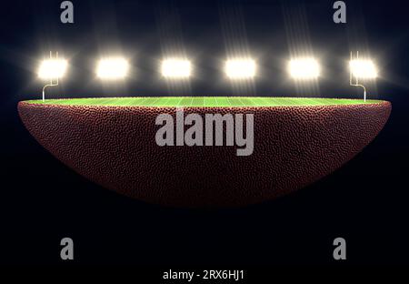 An american football ball split in half revealing a marked green grass football pitch with goals at night under illuminated floodlights - 3D render Stock Photo