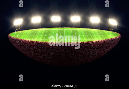 An american football ball split in half revealing a marked green grass football pitch with goals at night under illuminated floodlights - 3D render Stock Photo