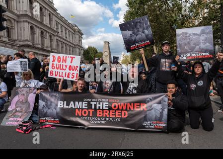 Whitehall, Westminster, London, UK. 23rd Sep, 2023. A protest is taking place against the banning of XL Bully dogs in the UK, a variant of the American Bully breed. The British government has committed to banning the breed by the end of 2023 Stock Photo