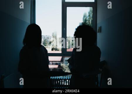 Successful Healthcare Professionals Discussing Patients Results in Modern Hospital. Silhouette. Stock Photo