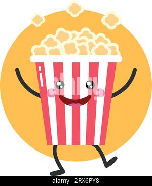 Cute cartoon popcorn character on yellow background. Popcorn dancing and juggling. Flat style. Vector illustration Stock Vector