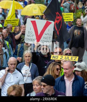 London, England, UK. 23rd Sep, 2023. Thousands march against Ultra Low Emission Zone (ULEZ) regulation in central London. (Credit Image: © Tayfun Salci/ZUMA Press Wire) EDITORIAL USAGE ONLY! Not for Commercial USAGE! Credit: ZUMA Press, Inc./Alamy Live News Stock Photo