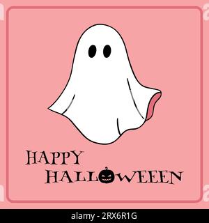 Happy Halloween greeting card with a hand drawn ghost on pink background. Vector illustration Stock Vector