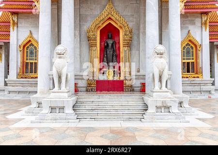 Bangkok, Thailand - September 12, 2023: A pair of marble lions in Wat Benchamabophit or Marble Temple It is both a masterpiece of art and an important Stock Photo