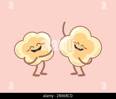 Cute cartoon popcorn characters on pink background. Two popcorns is laughing. Flat style. Vector illustration Stock Vector