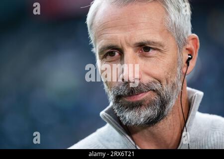 23 September 2023, North Rhine-Westphalia, Mönchengladbach: Soccer: Bundesliga, Borussia Mönchengladbach - RB Leipzig, Matchday 5, Stadium im Borussia-Park. Leipzig coach Marco Rose looks ahead to the match. Photo: Marius Becker/dpa - IMPORTANT NOTE: In accordance with the requirements of the DFL Deutsche Fußball Liga and the DFB Deutscher Fußball-Bund, it is prohibited to use or have used photographs taken in the stadium and/or of the match in the form of sequence pictures and/or video-like photo series. Stock Photo