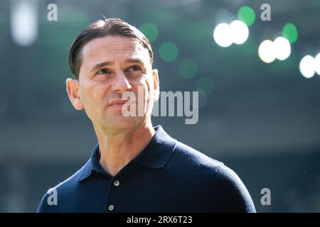 23 September 2023, North Rhine-Westphalia, Mönchengladbach: Soccer: Bundesliga, Borussia Mönchengladbach - RB Leipzig, Matchday 5, Stadium im Borussia-Park. Gladbach coach Gerardo Seoane looks ahead to the match. Photo: Marius Becker/dpa - IMPORTANT NOTE: In accordance with the requirements of the DFL Deutsche Fußball Liga and the DFB Deutscher Fußball-Bund, it is prohibited to use or have used photographs taken in the stadium and/or of the match in the form of sequence pictures and/or video-like photo series. Stock Photo