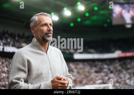 23 September 2023, North Rhine-Westphalia, Mönchengladbach: Soccer: Bundesliga, Borussia Mönchengladbach - RB Leipzig, Matchday 5, Stadium im Borussia-Park. Leipzig coach Marco Rose looks ahead to the match. Photo: Marius Becker/dpa - IMPORTANT NOTE: In accordance with the requirements of the DFL Deutsche Fußball Liga and the DFB Deutscher Fußball-Bund, it is prohibited to use or have used photographs taken in the stadium and/or of the match in the form of sequence pictures and/or video-like photo series. Stock Photo