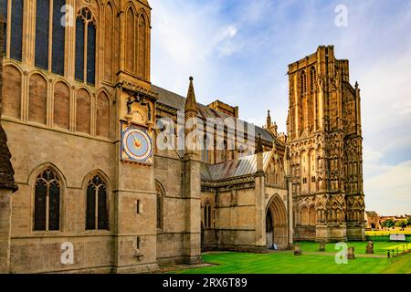 The restored 14th century historic clock on the exterior of Wells Cathedral, Somerset, England, UK Stock Photo