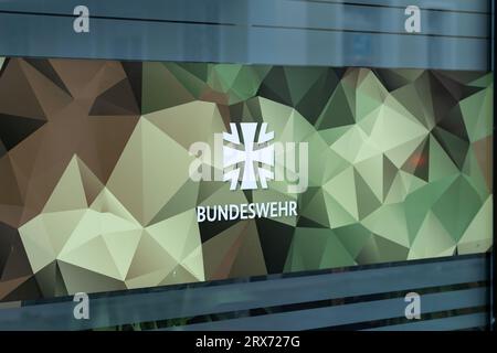 Bundeswehr (German Armed Forces) logo sign on a building exterior. Career office of the German Army in a Bavarian town. Working for the Government. Stock Photo