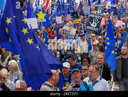 London, UK. 23rd Sep, 2023. Thousands of Remain Supporters gather at Park Lane and march to Parliament Square. Speakers include Guy Verhofstadt and Gina Miller. They are asking that Britain rejoins the EU as they think Britain is far worse off outside the European Union. They do not support the Government and would like a new vote on EU membership. Credit: Karl Black/Alamy Live News Stock Photo