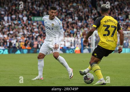 Leeds, UK. 23rd Sep, 2023. Joël Piroe #7 of Leeds United tracks Matheus Martins #37 of Watford during the Sky Bet Championship match Leeds United vs Watford at Elland Road, Leeds, United Kingdom, 23rd September 2023 (Photo by James Heaton/News Images) in Leeds, United Kingdom on 9/23/2023. (Photo by James Heaton/News Images/Sipa USA) Credit: Sipa USA/Alamy Live News Stock Photo