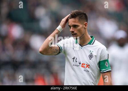 23 September 2023, North Rhine-Westphalia, Mönchengladbach: Soccer: Bundesliga, Borussia Mönchengladbach - RB Leipzig, Matchday 5, Stadium im Borussia-Park. Gladbach's Julian Weigl reacts during the match. Photo: Marius Becker/dpa - IMPORTANT NOTE: In accordance with the requirements of the DFL Deutsche Fußball Liga and the DFB Deutscher Fußball-Bund, it is prohibited to use or have used photographs taken in the stadium and/or of the match in the form of sequence pictures and/or video-like photo series. Stock Photo