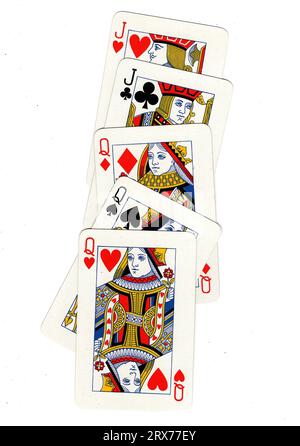 A hand of vintage poker playing cards featuring a full house of queens and jacks. Stock Photo