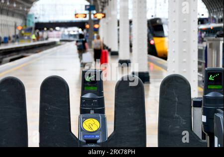 London, England, UK - 27 June 2023: Close up view of electronic ticket gates for entry to platforms at London Paddington railway station Stock Photo