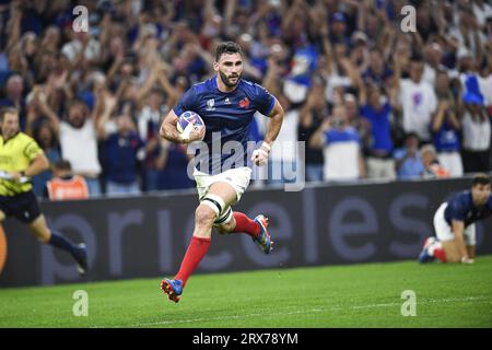 Charles Ollivon scores a try during the Rugby union World Cup RWC 2023, Pool A match between France and Namibia at Stade Velodrome, Marseille, France on September 21, 2023. Photo Victor Joly / DPPI Stock Photo