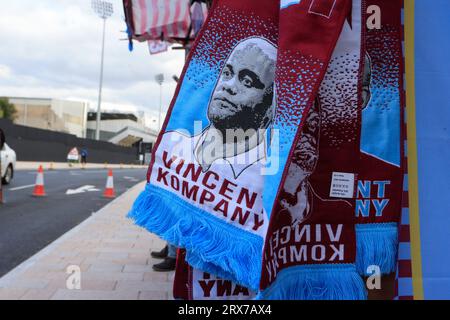 Burnley, UK. 23rd Sep, 2023. Vincent Kompany scarves for sale ahead of the Premier League match Burnley vs Manchester United at Turf Moor, Burnley, United Kingdom, 23rd September 2023 (Photo by Conor Molloy/News Images) in Burnley, United Kingdom on 9/23/2023. (Photo by Conor Molloy/News Images/Sipa USA) Credit: Sipa USA/Alamy Live News Stock Photo