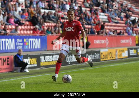 London, England. 23rd Sep 2023. Tennai Watson of Charlton Athletic during the Sky Bet EFL League One match at The Valley against Wycombe Wanderers. Kyle Andrews/Alamy Live News Stock Photo