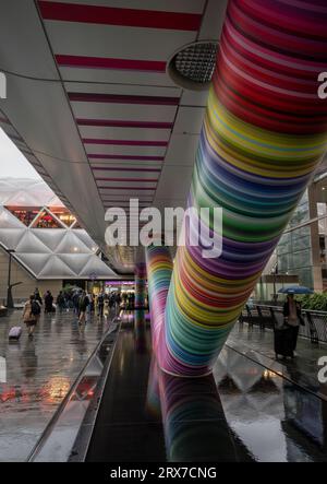 Canary Wharf, London, UK: Beneath the Adams Place footbridge connecting Canary Wharf Elizabeth Line station to One Canada Square in London Docklands. Stock Photo