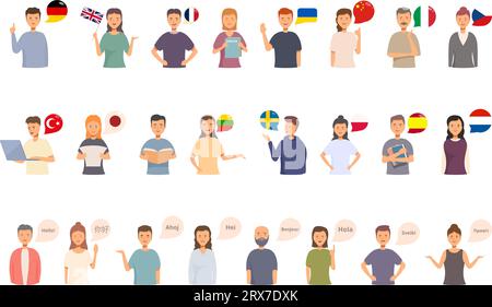 Learning a new language icons set cartoon vector. Book learn. Digital business Stock Vector