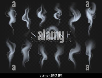 Smoke elements set. Tea, coffee steam, hot food, cup or cigarette fog, mist and vapor effect on mug, hookah curled smooth jets in motion. Transparent trails and clouds. Vector isolated collection Stock Vector