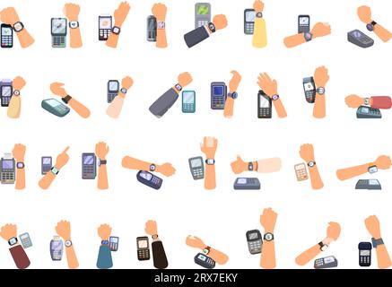 Payment with smart watches icons set cartoon vector. Nfc reader. Smart digital Stock Vector