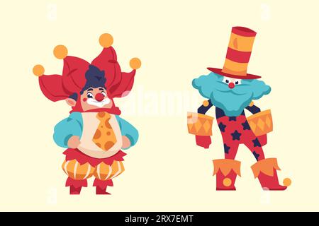 Clowns set. Colorful jokers and jesters comedians with funny faces. Circus artists performing tricks. Jugglers entertaining at birthday party and carnival show. Vector cartoon flat actors illustration Stock Vector
