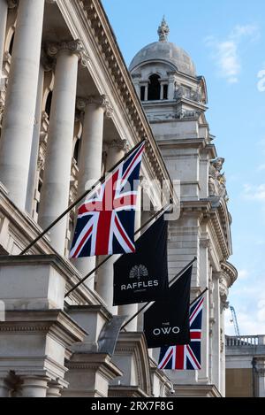 Whitehall, Westminster, London, UK. 23rd Sep, 2023. The Raffles hotel that has been redeveloped from the Old War Office building in Whitehall is due to open on 29th September Stock Photo