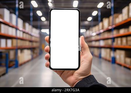 Closeup of man hands using mobile phone in warehouse, white screen, mockup, with industry background Stock Photo