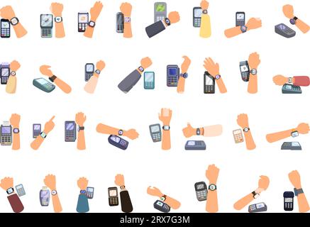 Payment with smart watches icons set cartoon vector. Nfc reader. Smart digital Stock Vector