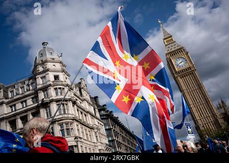 Pro-EU supporters, protest outside parliament against Brexit during their national march to rejoin the European Union, on 23rd September 2023, in London, England. Stock Photo