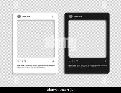 Social media post mockup on transparent background. Template in light and dark theme. Vector illustration. Stock Vector