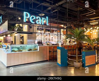 New York, NY - US - Sept 17, 2023 Interior view of Essex Pearl, a restaurant serving Southeast Asian food inside the Essex Market in the Lower East Si Stock Photo
