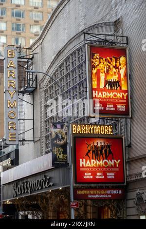 Ethel Barrymore Theatre Marquee in Times Square featuring the musical 'Harmony', New York City, USA  2023 Stock Photo