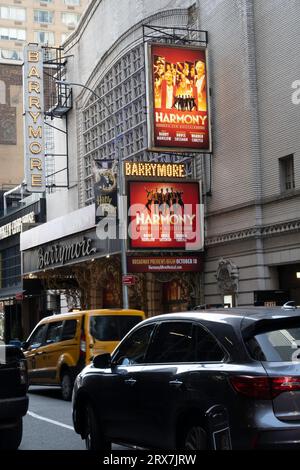 Ethel Barrymore Theatre Marquee in Times Square featuring the musical 'Harmony', New York City, USA  2023 Stock Photo