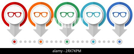 Eyeglasses vector icon set, flat design infographic template, set pointer concept icons in 5 color options for webdesign and mobile applications Stock Vector