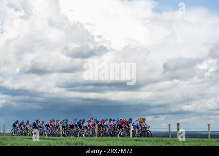 Wijster, Netherlands. 23rd Sep, 2023. illustration picture of the peloton taken during the Elite Women's Road Race, 131,3km around and on the Col du VAM, on day 4 of the UEC Road European Championships in Wijster, The Netherlands, Saturday 23 September 2023. The European cycling championships takes place from 20 to 24 september. BELGA PHOTO DAVID PINTENS Credit: Belga News Agency/Alamy Live News Stock Photo